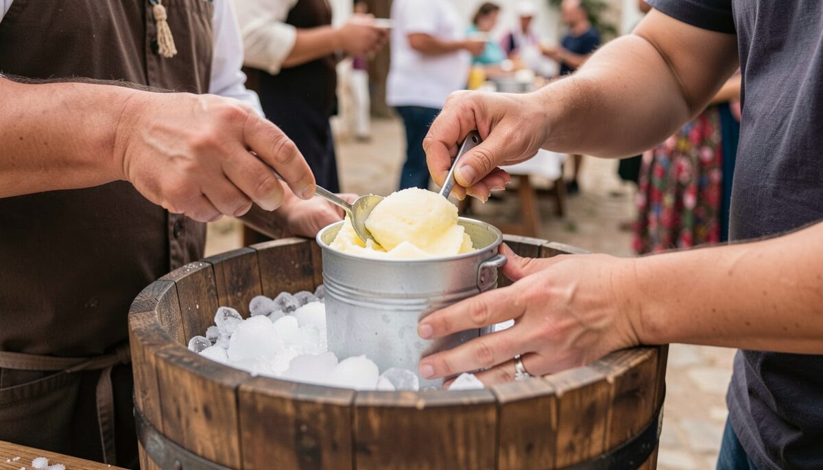 Su barrile, il ghiaccio e il sale: due ore di giri a mano e la limonata diventa carapigna.