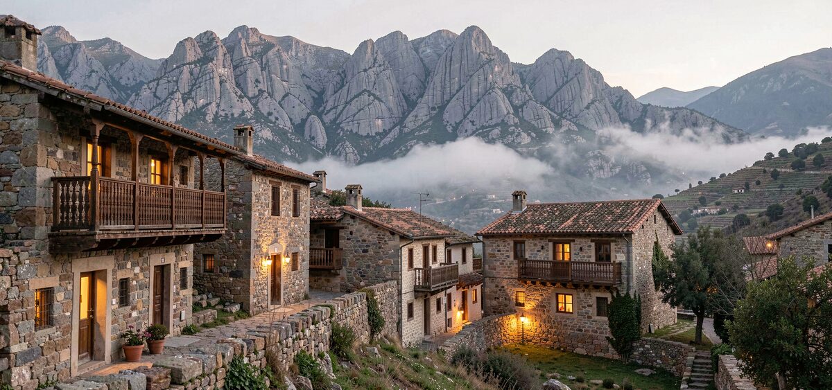 Il borgo di Aritzo al tramonto, tetti di pietra e balconi di legno sotto le creste del Gennargentu